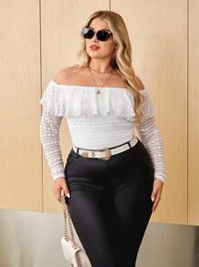 SHEIN Privé Plus Off Shoulder Ruffle Trim Lace Tee - White - View 4