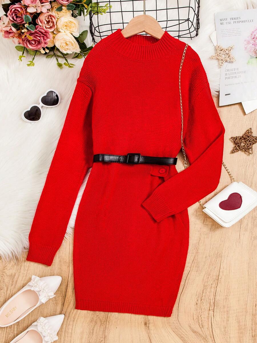 SHEIN Váy len trễ vai Tween Girl Mock Cổ trễ vai không cần thắt lưng - Đỏ - Xem 1