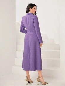 Modelyn Plaid Print Lapel Neck Blazer & Button Front Skirt - Purple - View 2