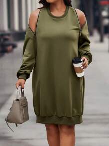 Calvaya Plus Zip Detail Cold Shoulder Sweatshirt Dress - Army Green - View 5