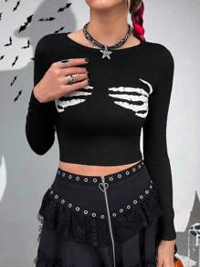 PUNK Skeleton Hand Pattern Crop Knit Pullover Fall Winter Sweater - Black and White - View 1