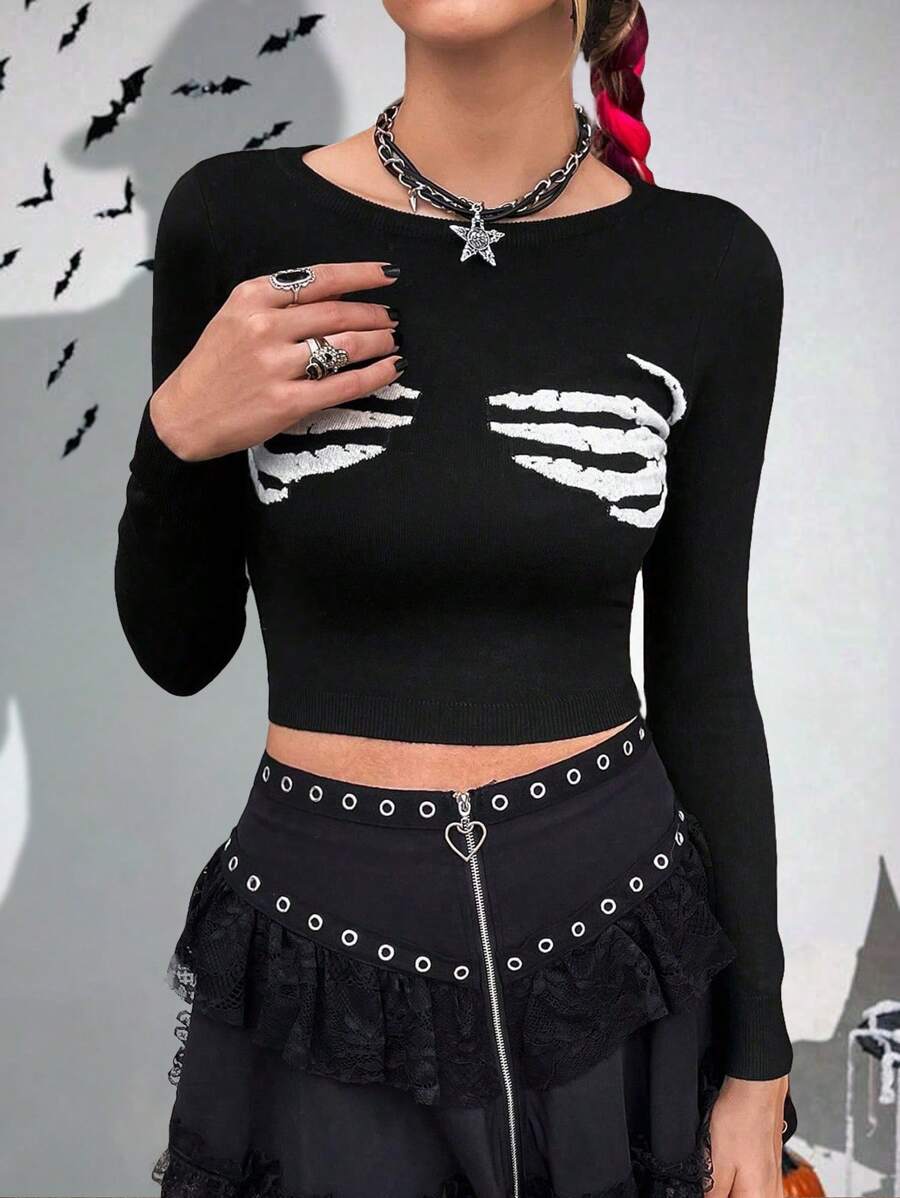 PUNK Skeleton Hand Pattern Crop Knit Pullover Fall Winter Sweater - Black and White - View 1