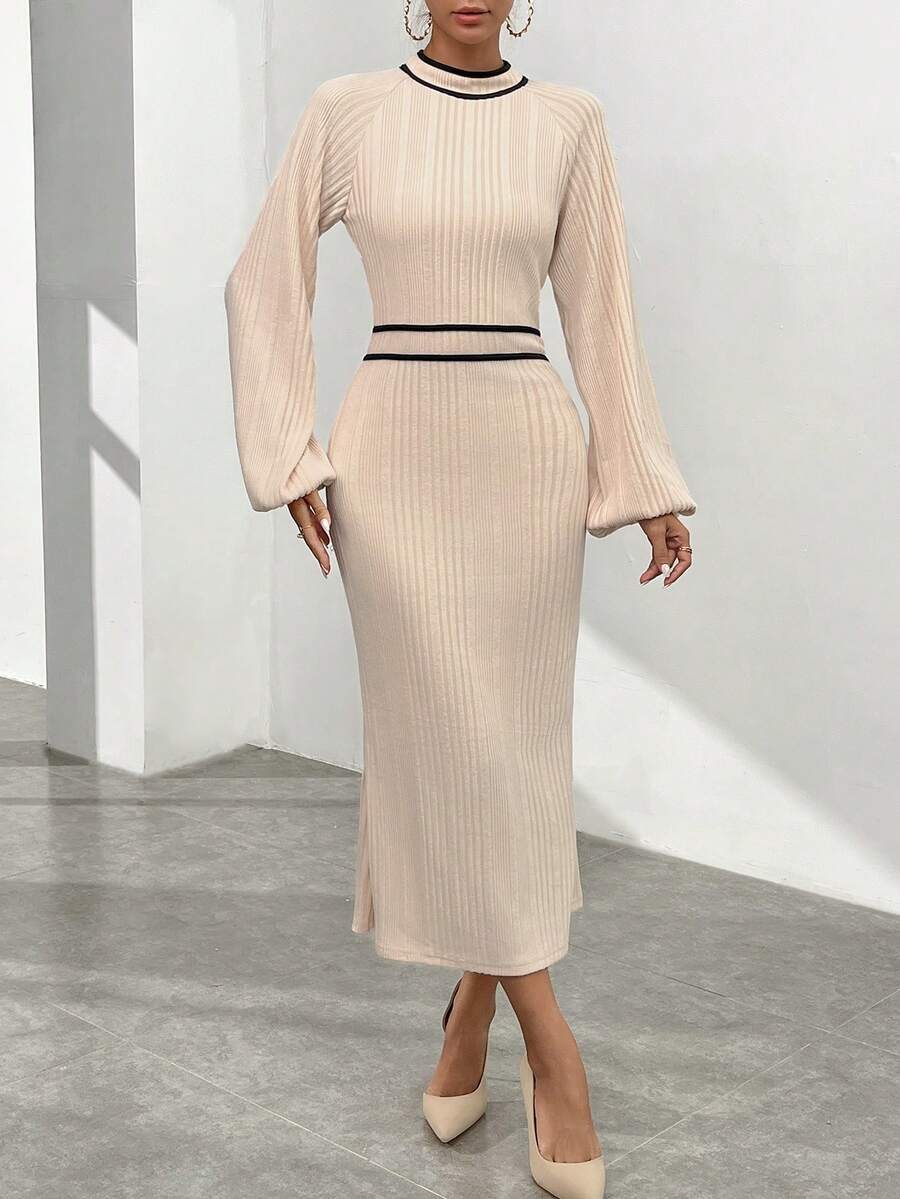 SHEIN Privé 拼接邊小高領燈籠袖洋裝 - 杏色 - 查看 1