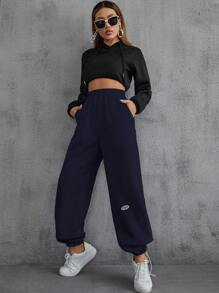 SHEIN EZwear 字母圖案斜口袋彈性腰帶衛褲 - 藏蓝色 - 查看 4