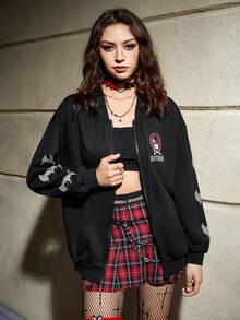 Batman X ROMWE 字母圖案拉鏈開襟抽繩連帽衫 - 黑色 - 查看 5