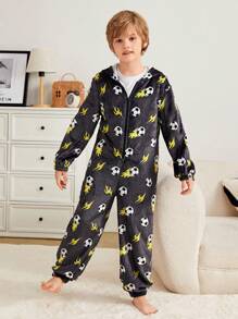 SHEIN Tween Boy Soccer Print Hooded Sleep Jumpsuit - Multicolor - View 4
