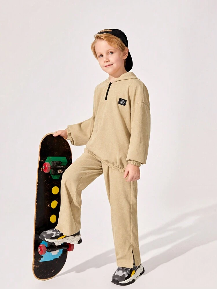 Tween Boy Letter Patched Detail Drop Shoulder Hoodie & Split Hem Pants