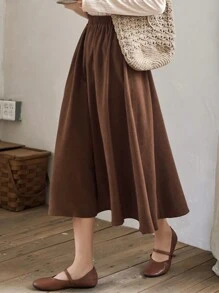 FRIFUL Solid Elastic Waist Flare Skirt