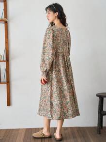 FRIFUL 碎花印花方领灯笼袖罩衫连衣裙，荷叶边，秋季长袖连衣裙度假装扮女装 - 彩色 - 查看 2