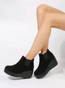 女士厚底短靴和踝靴，休闲时尚度假观光日常穿着，黑色防水坡跟短靴，秋冬 - 黑色 - 查看 3