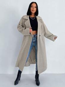 EURMUSE Lapel Neck Drop Shoulder Double Breasted Overcoat - Camel - View 1