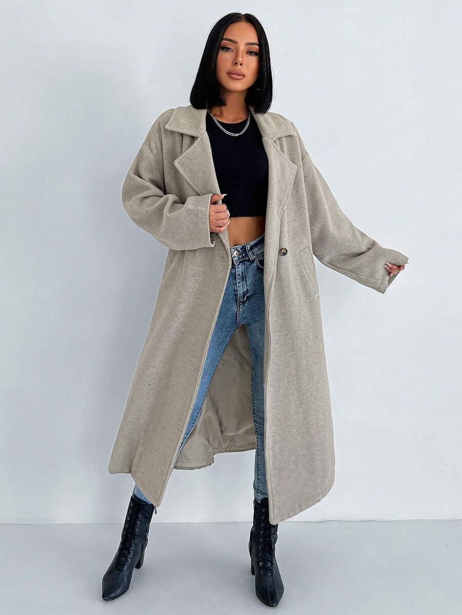 EURMUSE Lapel Neck Drop Shoulder Double Breasted Overcoat - Camel - View 1