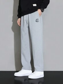 Men Letter Graphic Drawstring Waist Pants - Grey - View 3