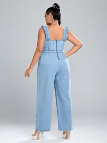 SHEIN LUNE Plus Tie Shoulder Slant Pocket Denim Overalls - Blue - View 2