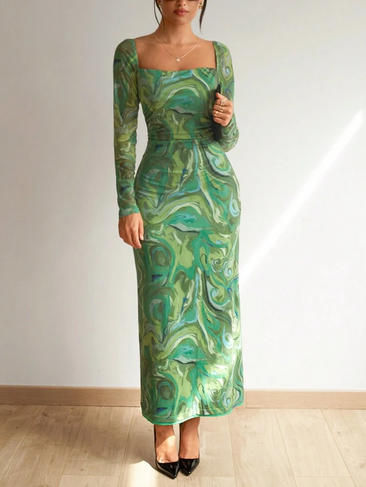 Marble Print Contrast Mesh Square Neck Dress