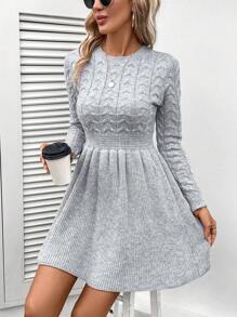 SHEIN LUNE 女士圓領拼接修身a字或擴腿下擺,休閒舒適保暖套頭毛衣連衣裙,不同材質適用於秋冬季節 - 灰色 - 查看 5