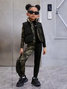 SHEIN 女小童迷彩印花小高領彈力緊身連體褲 - 彩色 - 查看 4