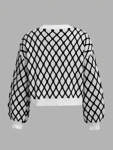 SHEIN ICON 菱形印花落肩袖短款開衫 - 黑與白 - 查看 5