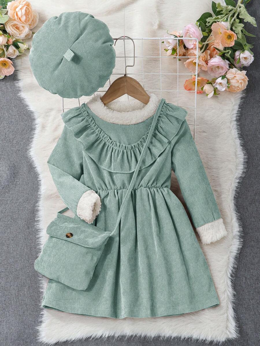 SHEIN Young Girl Ruffle Trim Ruffle Trim Dress With Accessory Hat & Bag - Green - View 1