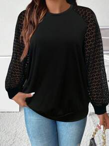 SHEIN Clasi Plus Contrast Lace Raglan Sleeve Sweatshirt Graduation,Back To School,Graduation,Teacher For Women,Back To School Pullover Fall Winter Sweatshirt Autumn - Black - View 1