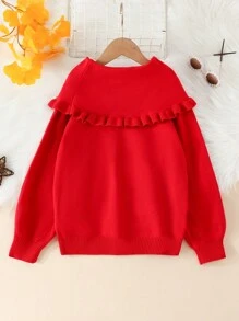 SHEIN Tween Girl Pearls Beaded Ruffle Trim Bow Front Raglan Sleeve Sweater - Red - View 2