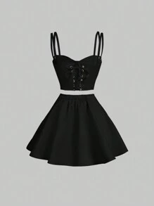 SHEIN MOD Solid Cami Top & Skirt - Black - View 2