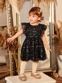Baby Girl Star Print Ruffle Trim Mesh Overlay Dress - Black - View 4