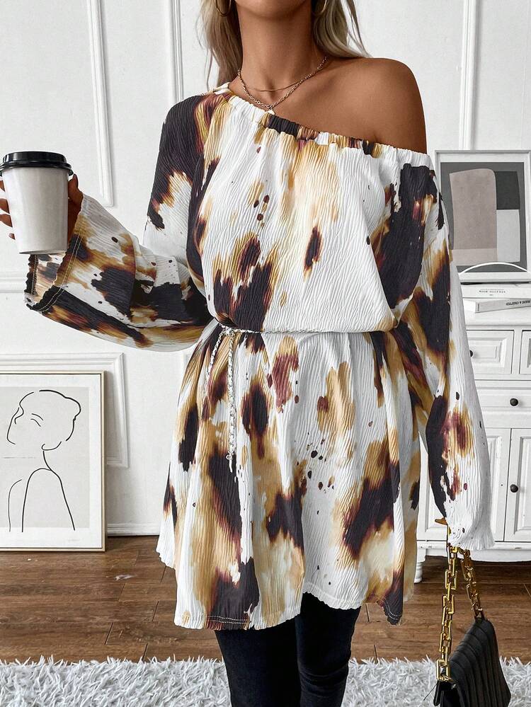Tie Dye Asymmetrical Neck Flounce Sleeve Belted Blouse
