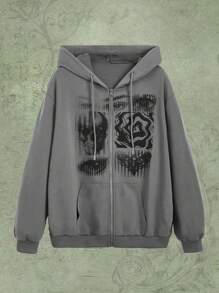 ROMWE Grunge Punk Mắt & Đồ họa đầu lâu Dây kéo Dây rút Hoodie - Xám - Xem 1