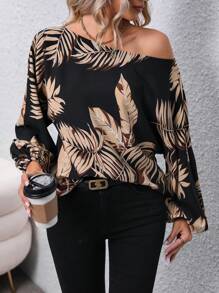 SHEIN LUNE Tropical Print Asymmetrical Neck Lantern Sleeve Blouse - Black - View 5