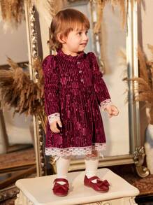 Váy đầm ren tương phản cho bé gái - Màu Đỏ Sâu - Xem 6