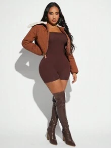 SHEIN SXY 博格领落肩拉链衬垫大衣 - 棕色 - 查看 1