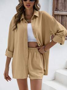 SHEIN Unity 纯色落肩亚麻衬衫和短裤 亚麻面料套装 返校服装 秋季女装 复古风格教师服装 商务女装 教师衬衫 - 卡其色 - 查看 1