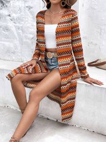 SHEIN VCAY Geo Print Open Front Longline Coat - Multicolor - View 6