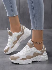 女式厚底運動鞋增高休閒運動鞋，四季皆宜 - 卡其色 - 查看 5