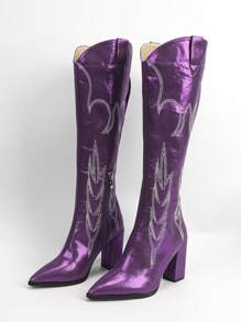 Elegant Purple Western Style Women's Boots With Stitching Detail, Square Toe And Thick Heels - Violet Purple - View 3