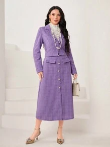 Modelyn Plaid Print Lapel Neck Blazer & Button Front Skirt - Purple - View 1