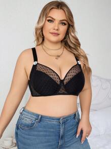 Plus Dobby Mesh Insert Appliques Detail Bra, Lingerie - Black - View 6