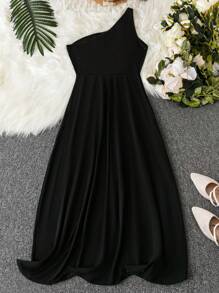 SHEIN Clasi Plus Pearls Beaded One Shoulder Twist Front Wrap Hem Dress