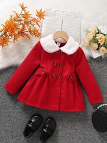 SHEIN Young Girl Borg Collar Double Breasted Overcoat - Burgundy - View 3