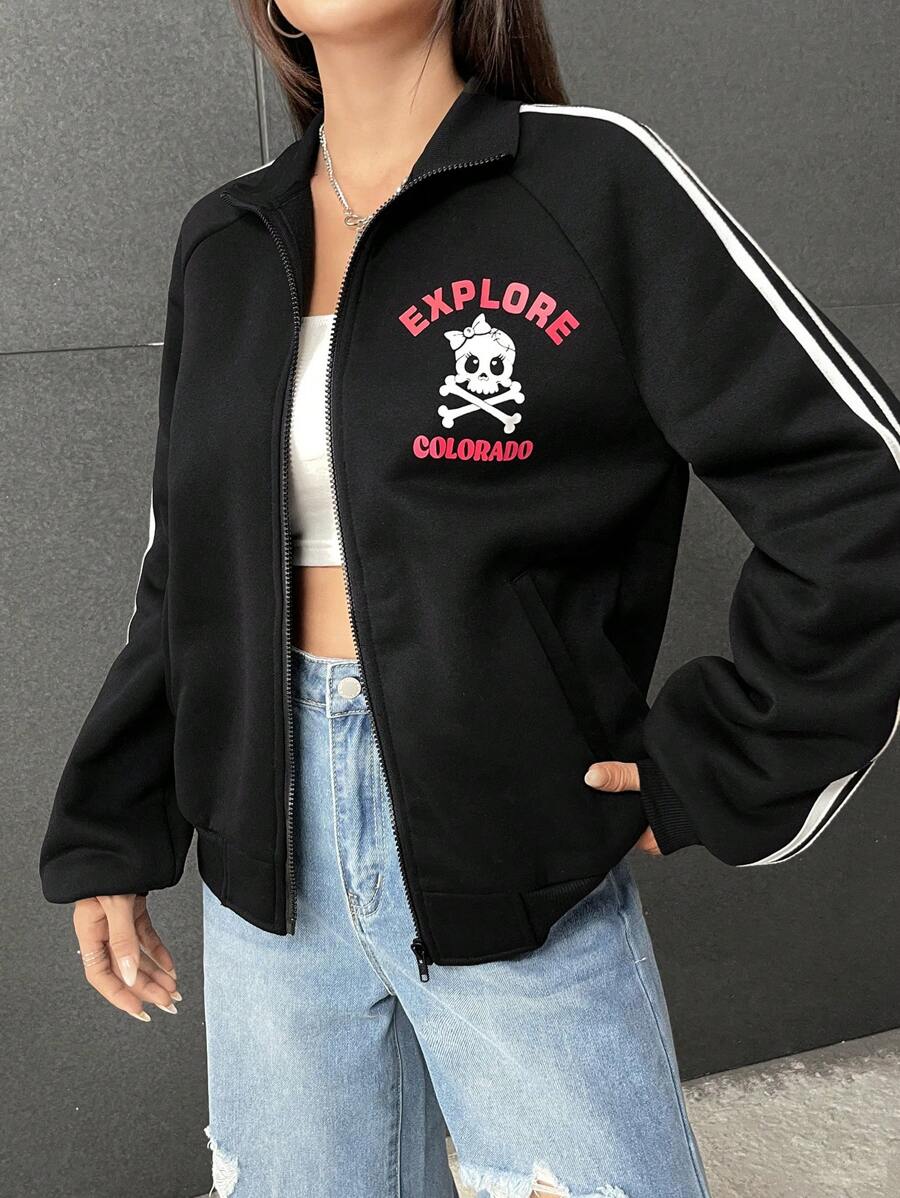 SHEIN EZwear Letter Graphic Contrast Tape Raglan Sleeve Zip Up Sweatshirt - Black - View 1