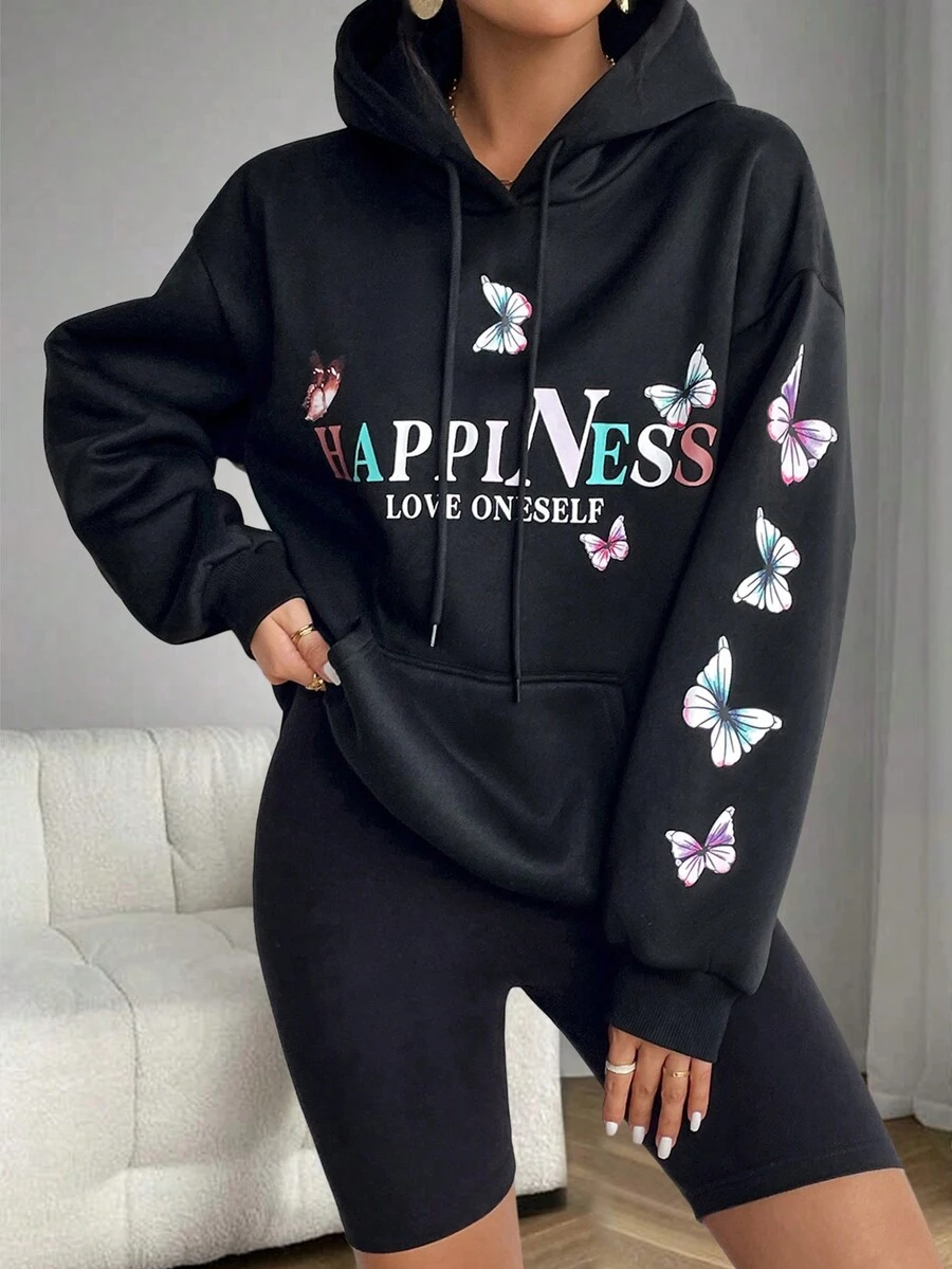 Slogan & Butterfly Print Kangaroo Pocket Drop Shoulder Drawstring Hoodie - Black - View 1