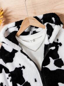 男大童奶牛圖案落肩袖連帽絨毛外套不帶T恤 - 黑與白 - 查看 3