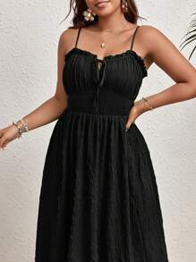 SHEIN VCAY 加褶饰边系带前吊带夏季波西米亚风连衣裙、沙滩裙、太阳裙、度假装、紧身胸衣裙 - 黑色 - 查看 3