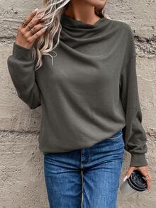 SHEIN LUNE Solid Drop Shoulder Cowl Neck Sweatshirt - Dark Grey - View 6