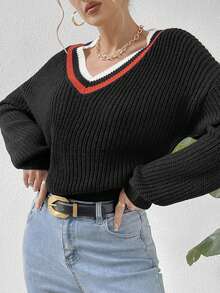 SHEIN Privé 條紋飾邊落肩袖板球毛衣 - 黑色 - 查看 6
