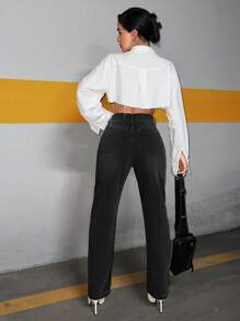 RueChic 100%Cotton Casual Solid High Waist Straight Leg Jeans - Black - View 2