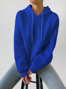 SHEIN EZwear Cable Knit Drop Shoulder Drawstring Hooded Sweatshirt - Royal Blue - View 4