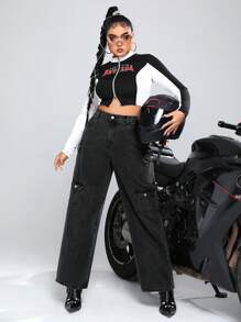 SHEIN ICON Hơn Cao eo Túi có nắp Quần jean chở hàng - màu đen - Xem 5