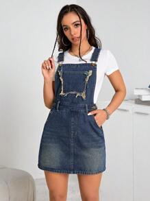 SHEIN EZwear 貼袋連體牛仔洋裝（無T恤） - 藍色 - 查看 1